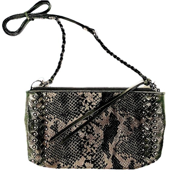 Elliott Lucca Crossbody Clutch Bag Python Embossed Leather Black Metallic Gray - Picture 1 of 11